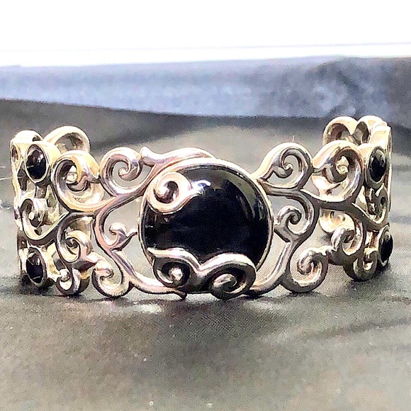 BARSE Black Onyx Cabochon Sterling Silver Scroll Filigree Cuff Bracelet MINT - Picture 13 of 15